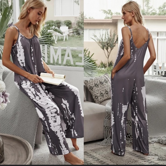 Boho dark gray tie dye wide leg pockets cami jumpsuit - Picture 7 of 11